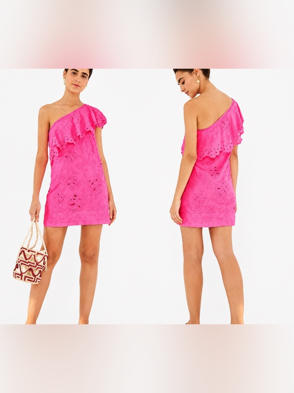 Farm Rio neon pink eyelet one shoulder mini dress, large